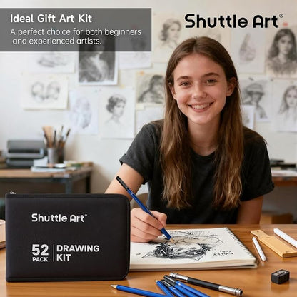 Shuttle Art 52 Pack Drawing Pencils Set, Professional Art Kit with Graphite Charcoal Sticks, Drawing Pad in Portable Case, Ideal for Kids and Adults Artists