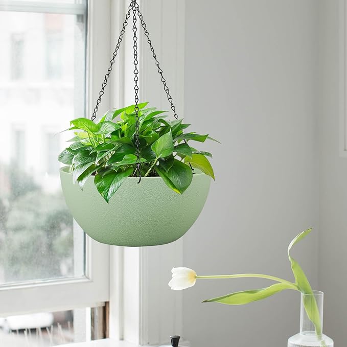 10 inch Hanging Planters for Outdoor Indoor Plants with Drainage Holes and Chain, 2 Pack Round Hanging Flower Pots for Garden Home Porch Decor,Green