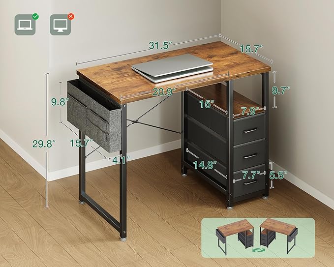 AODK 32 Inch Small Computer Desk with Fabric Drawers, Vintage | Mini Desk with Storage Shelf & Bag, Kids Study Desk for Bedroom, Home Office Desk for Small Space