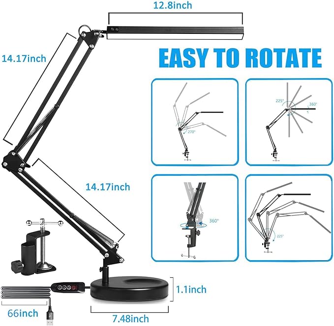 LED Desk Lamp with Clamp and Round Base,Eye Caring Table Lamp with Swing Arm,3 Color Modes 10 Brightness Levels,Memory Function, Desk Light for Home Office with USB Adapter Black-14W