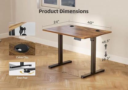 YDN 40 x 24 Inch Rustic Brown Electric Standing Desk | Adjustable Height, Sit Stand, Cable Management, Ergonomic, Home Office