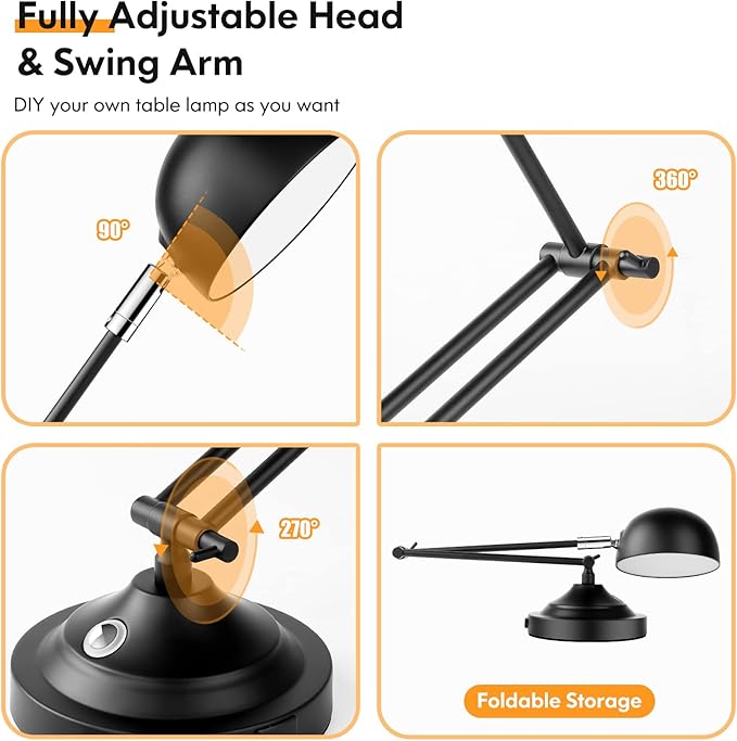 Touch Control LED Desk Lamp with USB Charging Port, Architect Black Metal Lamp with Adjustable Swing Arm, Dimmable Modern Table Lamp for Home Office Reading Study, 3000K/4000K/5000K 3 Color Modes
