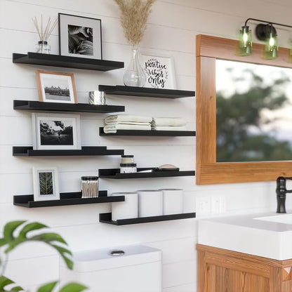 RICHER HOUSE 8-Set Floating Shelves with Lip, Black Wall Mounted Wood Shelf | Display Picture Ledge Shelf, Anti-drop lip Shelf for Room Wall Decor, Bedroom Bathroom Storage Nursery Hanging Book Shelves