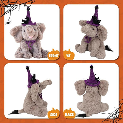 Hopearl Adorable Halloween Plush Calf Elephant Toy with Knitted Witch Hat Floppy Elephish Ultra Soft Haggable Stuffed Animal Gift for Boys Girls Kids Toddlers, Gray, 10''