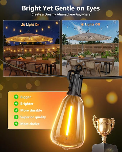 Brightown 151FT Solar String Lights Outdoor Waterproof with Remote, 48+2 LED Shatterproof Bulbs, Dimmable & Timable, 3 Light Modes - Commercial Grade Patio Lights for Garden Backyard Party Decor