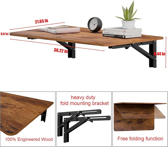 IAE 36x22in Floating Fold Desk,Wall-Mounted Folding Computer Table,Rustic | Study Table with Shelf Brackets,Foldable Down Shelf with Engineered Wood,Fold Computer Desk for Small Apartment,Holds 502 lb