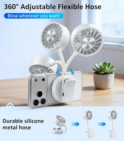 Magnetic Phone Fan with Ice Cooling, 3-in-1 Clip on Fan & Phone Stand, Rechargeable Mini Handheld Fan, 360° Flexible Gooseneck Portable Fan for Cruise Travel Desk Gym Makeup（White）