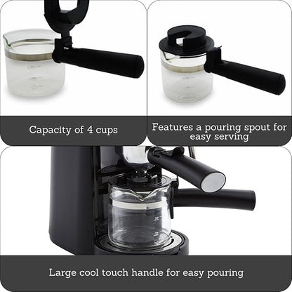 IMUSA 4 Cup Glass Replacement Carafe with Black Handle for Coffeemaker | Bare Glass Finish, Cool-Touch Black Handle with Lid, Ideal for Espresso, Perfect for Home or Office