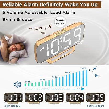 Peakeep Slim Digital Mirror Aesthetic Alarm Clock for Bedrooms Desk Decor | Plug in Electric Big LED Modern Small Clock for Office Living Room, Battery Backup, 6 Dimmers (Gold)