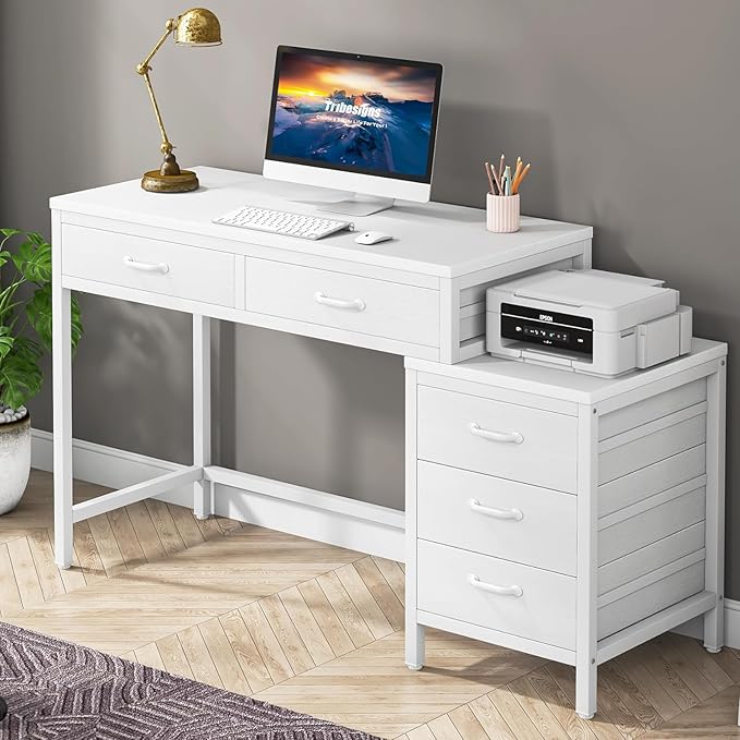 Tribesigns Computer Desk with 5 Drawers, Reversible Home Office Desks | Small Desk with Drawer Cabinet Printer Stand, PC Desk with Storage, White Study Writing Table Workstation for Small Spaces