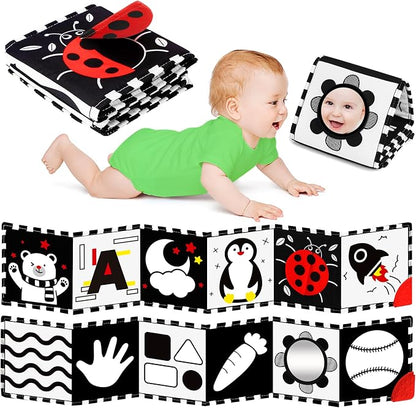 BBWOO High Contrast Baby Toys for Newborn, Tummy Time Mirror, Black and White Baby Toy for 0-6 Months, Soft Montessori Visual Stimulation Infant Book, Boy Girl Shower Gift
