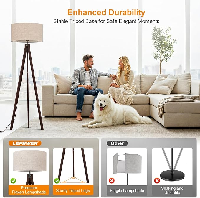 LEPOWER Tripod Floor Lamp Mid Century Modern Standing Lamps for Living Room | Light-Diffusing Linen Shade, Premium Rubberwood Tripod with E26 Base, Adding Warmth to Bedroom, Office & Study Corner Walnut