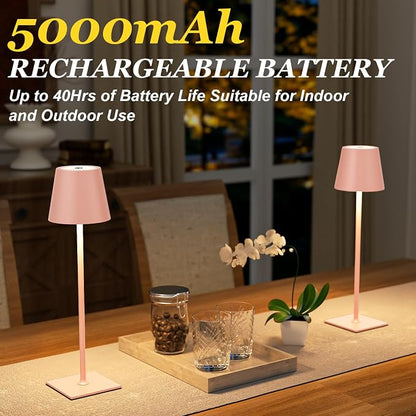 Kakanuo Pink Cordless Rechargeable Table Lamp 5000mAh Battery Operated Lamps, 3 Colors Stepless Dimming Touch Lamp for Living Room, Kitchen Counter, Dining, Outdoor Patio, 2 Pack