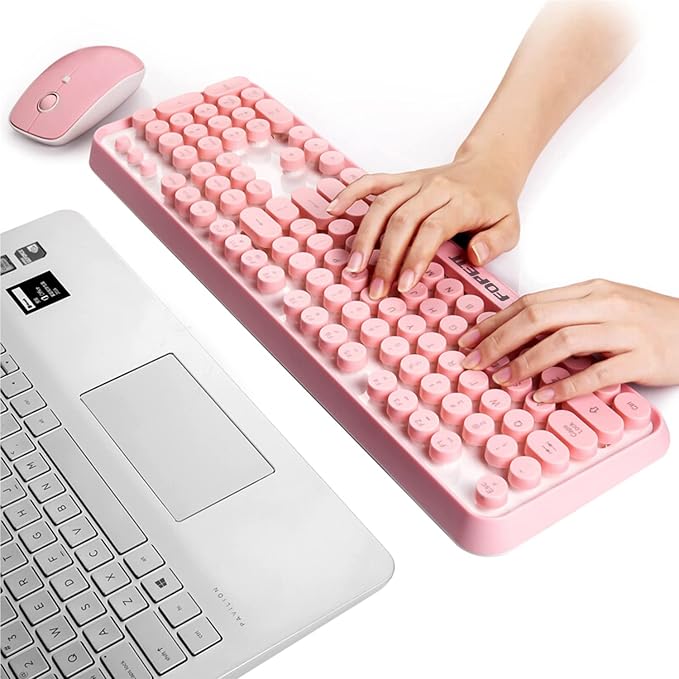 FOPETT Wireless Keyboard and Mouse Combo, 104 Keys Full-Sized 2.4 GHz Round Keycap Colorful Keyboards, USB Receiver Plug and Play, for Windows, Mac, PC, Laptop, Desktop (Pink)