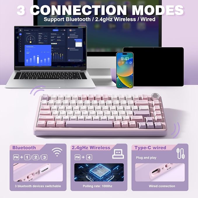 YUNZII B75 PRO 75% Wireless Mechanical Keyboard (Purple, Milk Switch) | Hot Swap Keyboard with Knob, Gasket Mount, Creamy Pre-lubed Switch for Smooth Typing, BT/USB-C/2.4G, for Gaming