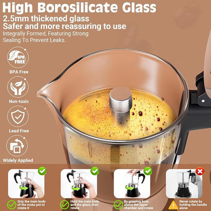 9 Cup 450ml Glass Moka Pot, Stovetop Espresso Maker, Black | Crystal Glass-top & Stainless Steel Coffee Maker, Induction Compatible, for Greca de Cafe, Cuban and Italian Coffee Brewing