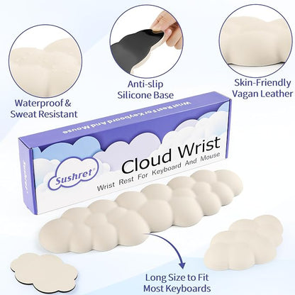 Sushret Cloud Wrist Rest Keyboard, Cloud Keyboard Wrist Pad Set with PU Leather Memory Foam, Cute Arm Rest for Palm Support, PC/Gaming Desk Accessories/Office Setup/Computer Hand Cushion - Beige