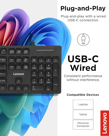 Lenovo 305 Wired USB-C Keyboard with Numeric Keypad, Full Size Keyboard, Slim Design, Black, USB-C Connectivity, Dedicated Function & AI Keys, for Gaming PC, Laptop, Desktop, Tablet, Home Office