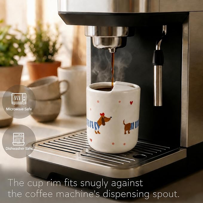 Ceramic Travel Coffee Mug 12 OZ, Cute Dachshund Pattern Coffee Cup, Handmade Style Ceramic Coffee Mug with Sip Hole for Women Men, Office Home Kitchen Gift