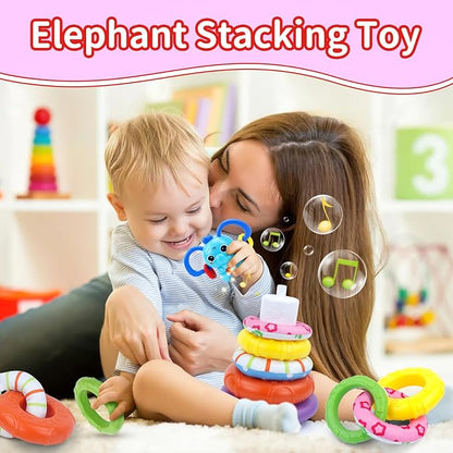 usrela 4 in 1 Baby Toy for 12 18 Month, Learning Toys for Babies 12-18 Months, Baby Busy Cube, Stacking Sorter, Pull String & Piano Xylophone Travel Toy, Birthday Gift for 1 2 Year Old