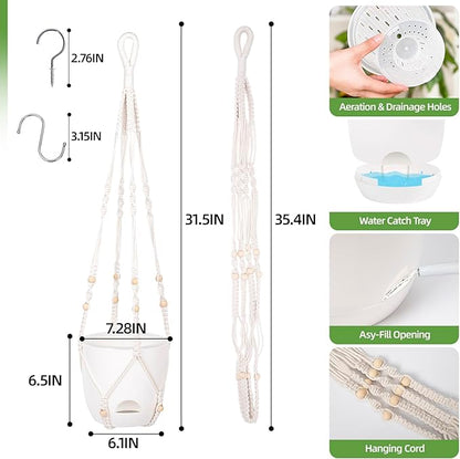 2-Pack 7.1-Inch Self-Watering Orchid Hanging planterS for Indoor & Outdoor baskets,34Inch Macrame Hanger Plant Pots Indoor with Drainage,Small Hanging Planters,With Two Sets of Hooks（Pure white）