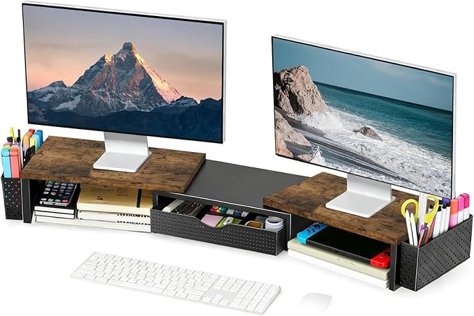Spacrea Metal Desk Organizers and Accessories, Dual Monitor Stand Riser with Drawer and 2 Pen Holders, Desk Accessories & Workspace Desktop Organizers for Office Supplies (Wood)