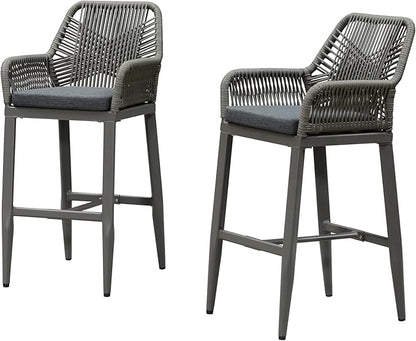 PURPLE LEAF Outdoor Wicker 29" Bar Stools Set of 2, Boho Patio Bar Height Chair with Cushion and Back for Outdoor and Indoor, Garden, Patio, Smoke Grey