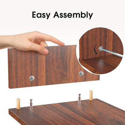FITUEYES Dual Monitor Stand Riser, Adjustable Length and Angle, Brown | Wooden 3-Shelf Design, Supports up to 55lbs, Flexible for Standard Corner Space, Holds Monitor, Laptop, Phone, Printer
