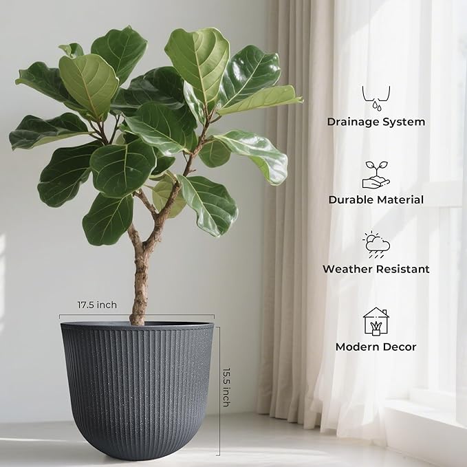 WORTH Garden Round Large Planter Pot Set of 2-17.5" Dia x 15.5" H - Durable Plastic Grey Plant Tree Pots with Vertical Stripe Textured Finish, Drainage Hole for Indoor, Outdoor, Front Porch, Patio