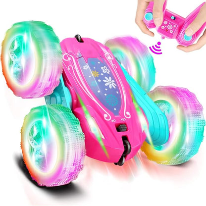 FREE TO FLY Remote Control Car for Girls : Pink RC Car Double Sided 360°Flip Stunt Cars with Headlights & WheelLights Rechargeable Toy Car Birthday Gifts for Girl Kids Age 6 7 8 9 10 11 12 Year Old