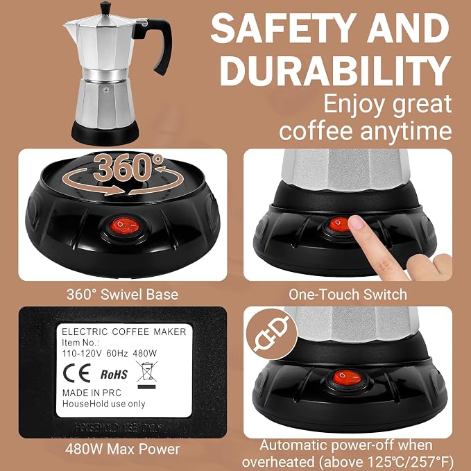 Electric Moka Pot, 3 or 6 Cup Espresso Coffee Maker, Silver | Food-grade aluminum, dose reduction plate, boil-dry protection, auto-stop, detachable base, for Cuban and Italian coffee