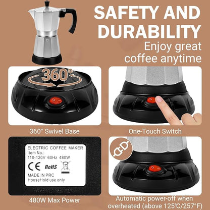 Electric Moka Pot, 3 or 6 Cup Espresso Coffee Maker, Silver | Food-grade aluminum, dose reduction plate, boil-dry protection, auto-stop, detachable base, for Cuban and Italian coffee