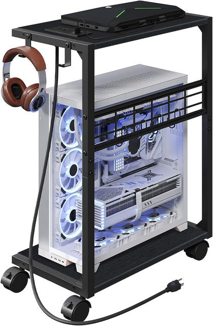 PC Stand, Computer Tower Stand with Charging Station, 16.9" W x 11.4" D x 27.6" H, Computer Cart with Wheels and Hooks, CPU Holder for Carpet, Floor and Under Desk, Easy Assembly, Black