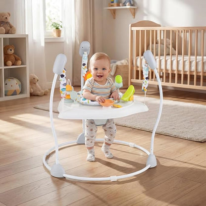 BABY JOY Baby Activity Center, Baby Jumpers and Bouncers with Music, 360° Rotating Seat, 3 Adjustable Heights, Montessori-Inspired Activity Center for Baby 7-15 Months (White)