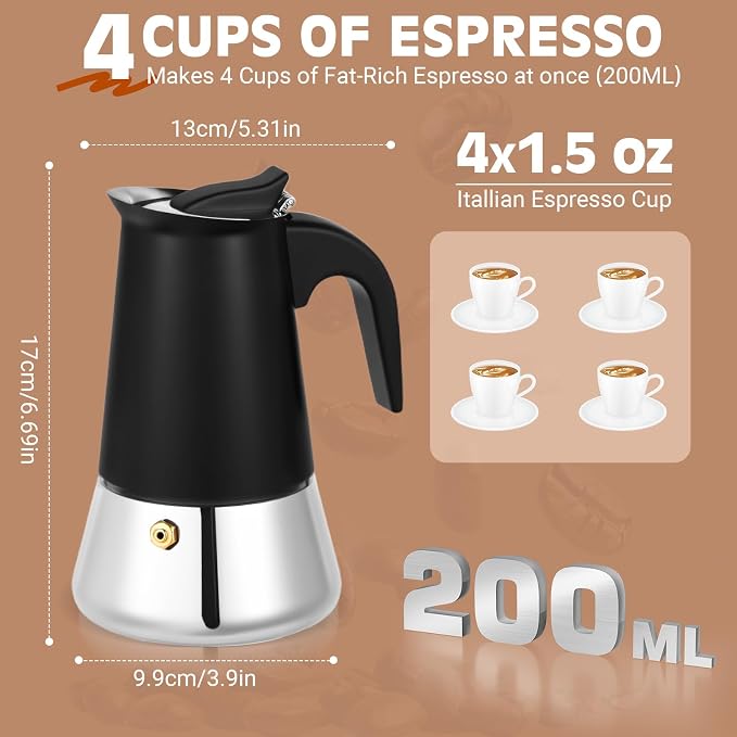 4 Cup Stainless Steel Moka Pot, 200ml Stovetop Espresso Maker, Black