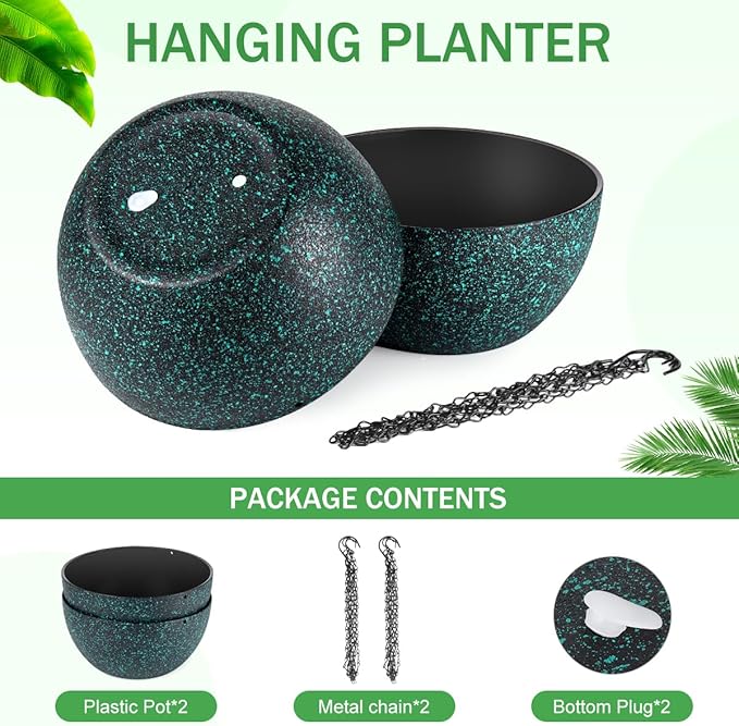 10 inch Hanging Planters for Indoor Plants, 2 Pack Planters for Outdoor Plants with Drainage Holes and Chain, Round Plastic Hanging Baskets, Hanging Flower Pots for Balcony Garden Decor-Black Speckle