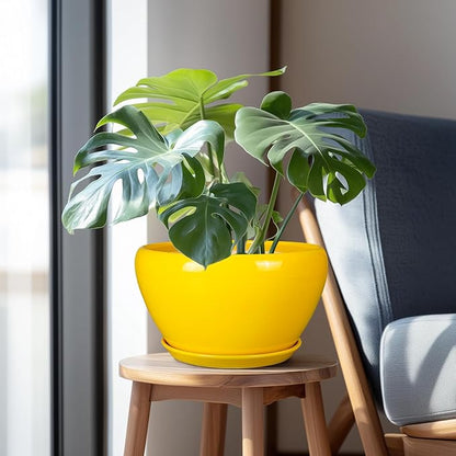 Indoor Planter 11 Inch - Decorative Mid-Century Large Ceramic Plant Pot for Outdoor Plants with Drainage Hole and Saucer, Home Balcony House Garden Patio Office Room Decor, Yellow