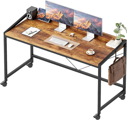 Mericonia 47x20 Inch Small Computer Desk with Wheels & Rear Lip | Simple Rolling Desk, Writing Table for Home Office Bedroom Work Study, Brown