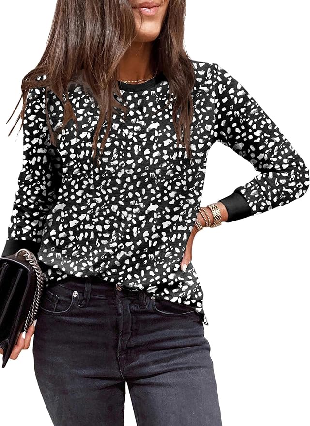 EVALESS Womens Crewneck Long Sleeve Tops Casual Polka Dots Tops Fall 2026 Tshirts Shirts