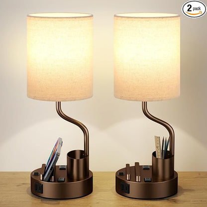 Fenmzee Bedside Lamps for Bedroom Set of 2 - Table Desk Lamp for Nightstand | 15" Table Lamp for Living Room with Pen Holder & Phone Stand, USB A+C Port, AC Outlet, 3 Color Temperature, LED Bulb Included