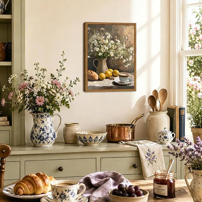 Framed Vintage Kitchen Wall Art, Rustic Floral Lemon Pictures Wall Decor, Cottagecore Coffee Bread Still Life Paintings Canvas Prints Farmhouse Home Decor for Dining Room Living Room 12x16 inch