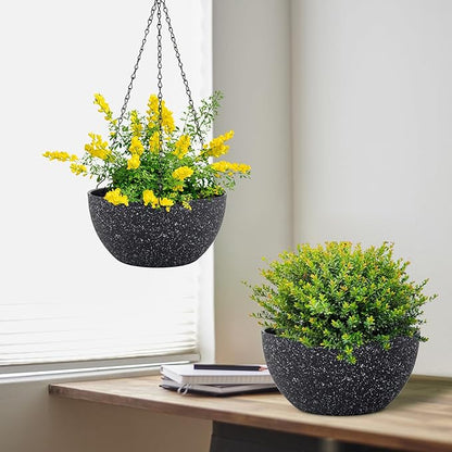 8 inch Small Hanging Planters for Indoor Outdoor Plants, 2 Pack Hanging Flower Plant Pots with Drainage Holes and Chain for Porch, Plastic Hanging Baskets for House Plants, Speckled Black