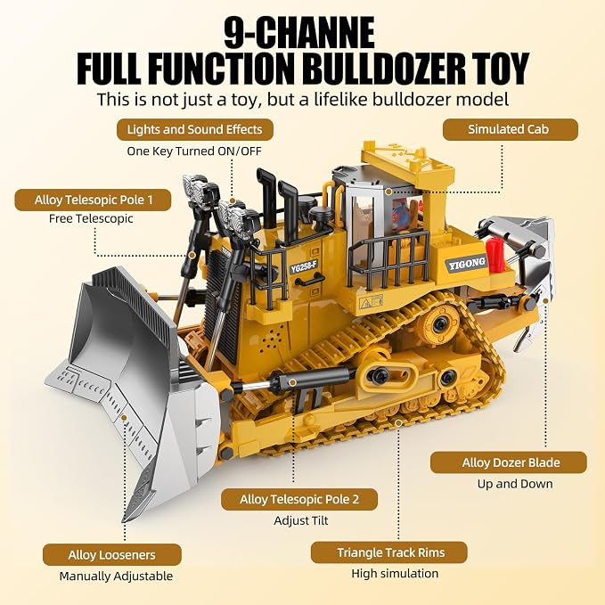 RC Bulldozer Toy with Metal Blade, Light and Sound, 9CH 2.4GHz Remote Control Construction Truck, Tractor Dozer Toys for Boys Kids Ages 3-12 Year Old, Christmas Birthday Gifts