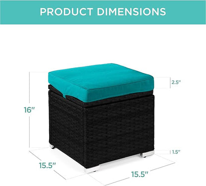Best Choice Products Set of 2 Wicker Ottomans, Multipurpose Outdoor Furniture for Patio, Backyard, Additional Seating, Footrest, Side Table w/Storage, Removable Cushions - Black/Teal