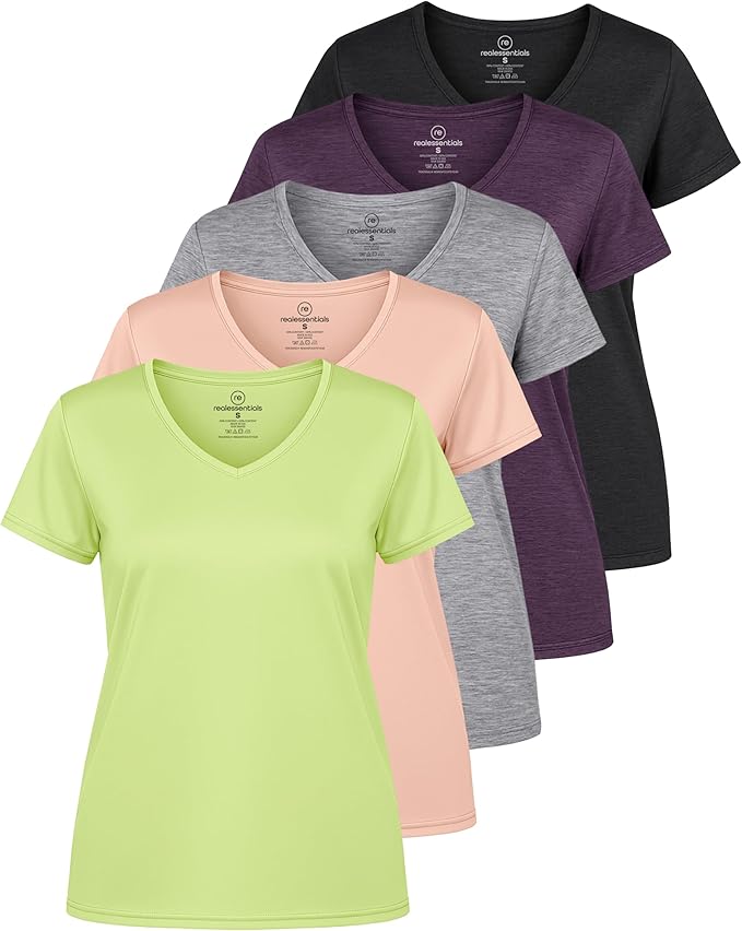 5 Pack Women's Dry Fit V Neck Workout Tops T Shirts Athletic Gym Yoga Tees | Available In Plus Size, Cooling Moisture-Wicking, Short Sleeve, Quick-Dry, Fitness, Stretch, Exercise, Running, Hiking