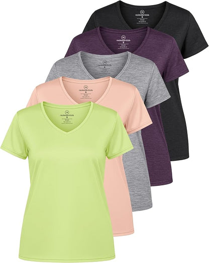 5 Pack Women's Dry Fit V Neck Workout Tops T Shirts Athletic Gym Yoga Tees | Available In Plus Size, Cooling Moisture-Wicking, Short Sleeve, Quick-Dry, Fitness, Stretch, Exercise, Running, Hiking