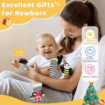 URMYWO Wrist Rattles for Baby - Rattle Socks - Foot Finder Set - High Contrast Black and White Baby Toys for 0-12 Months Infant - Newborn Essentials - Sensery Toys for Boys and Girls as Shower Gifts