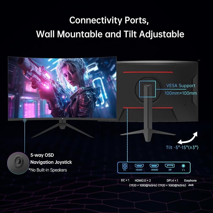 KTC 32 Inch Curved Gaming Monitor, FHD 1080p 165Hz Curve Monitor, H32S17C | 1500R, 1ms MPRT, Adaptive Sync, 122% sRGB, DP/HDMI, Tiltable, Eye Care, VESA, HDR10 for Gaming Home Office Business