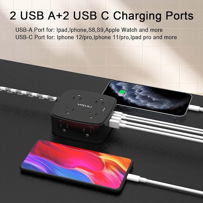 Surge Protector Power Strip - YISHU 8 Outlets with 4 USB (2 USB C) Charging Ports, 5Ft Braided Extension Cord, Flat Plug Multi Plug Outlet Extender Charging Station for Home Office, ETL, Black