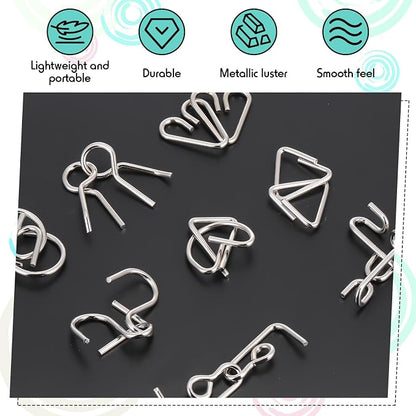 Metal Wire Puzzle Set of 8 with Pouch, Brain Teaser Puzzles IQ Test Ring Disentanglement Unlock Interlock Game Trick Metal for Party Favor Challenge(B Style)